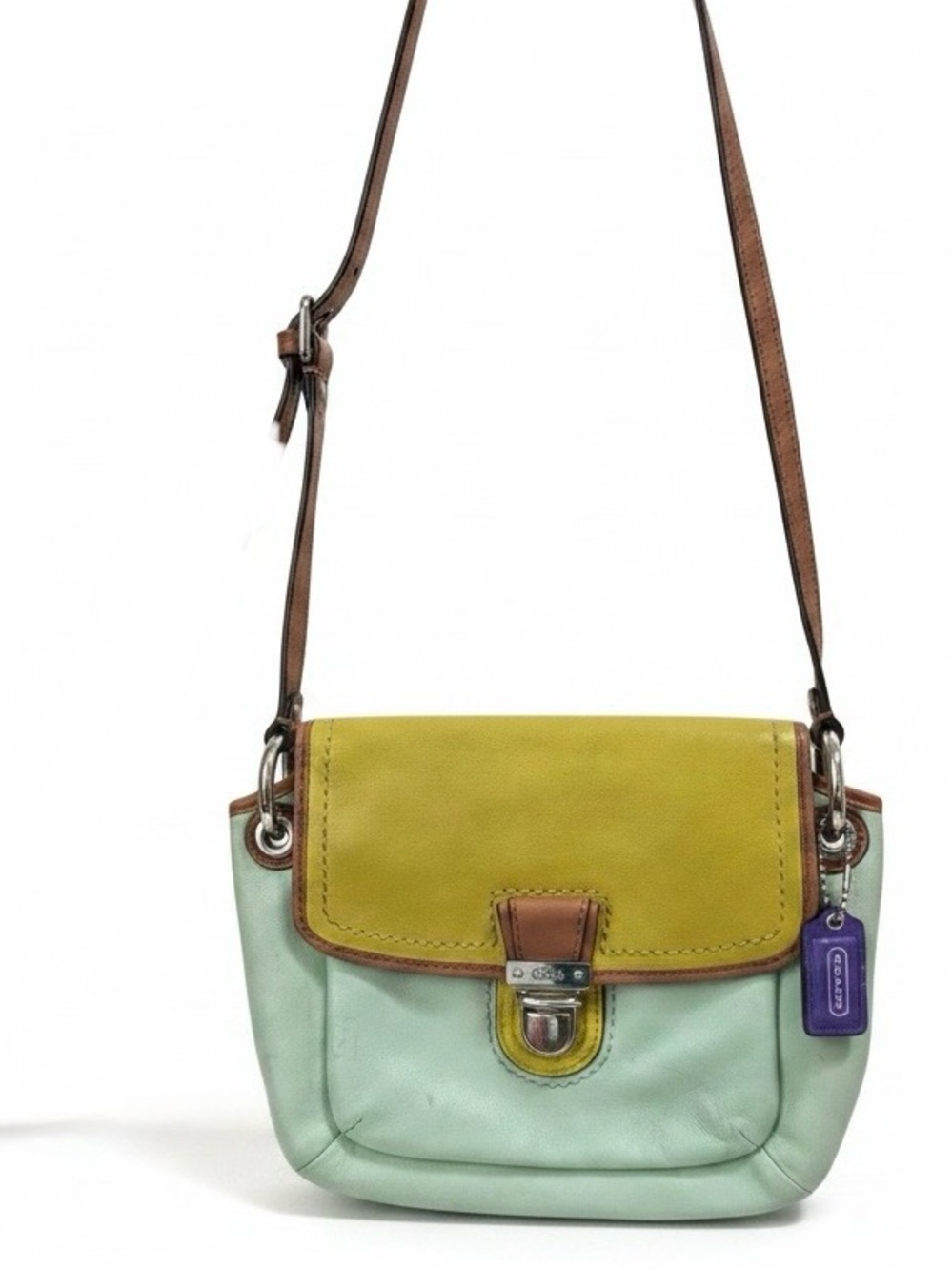 COACH Vintage Leather Poppy Colorblock Crossbody Shoulder Bag Mint Yellow Brown